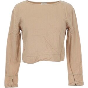 Coco Linen Crop Top Womens 8 Tan Excellent Long Sleeve Boat Neck Back Split Hem